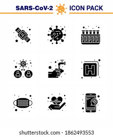 9 Solid Glyph Black Set of corona virus epidemic icons. such as  hands; transmission; chemistry; people; bacteria viral coronavirus 2019-nov disease Vector Design Elements