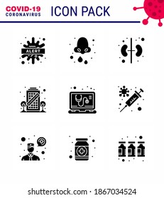 9 Solid Glyph Black Set of corona virus epidemic icons. such as  check; quarantine; health; coronavirus; organ viral coronavirus 2019-nov disease Vector Design Elements