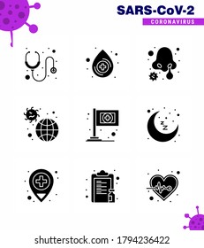 9 Solid Glyph Black Virus Corona Icon Pack wie Flagge; Virus, Krankheit; Pandemie; vorkommender viraler Coronavirus 2019-nov Krankheit Vektor Design Elements