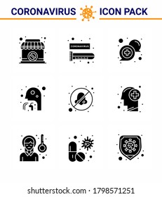 9 Paquete de icono corona de Virus de Glifo Sólido Negro, como garganta; hombre; chat; asistencia sanitaria; soporte para elementos de diseño de vectores de enfermedad coronavirus viral 2019-nov