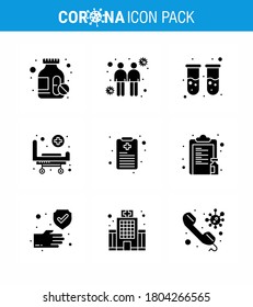 9 Solid Glyph Black Virus Corona Icon Pack, wie z. B. Bericht; Gesundheitstabelle; Bluttest; Räder, Bettviruscoronavirus 2019-nov Krankheit Vektor Design Elements