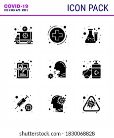 9 Solid Glyph Black viral Virus corona icon pack such as  medical record; hospital chart; sign; health; laboratory viral coronavirus 2019-nov disease Vector Design Elements