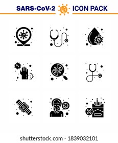 9 Solid Glyph Black viral Virus corona icon pack such as  bacteria; hands; blood; disease; covid viral coronavirus 2019-nov disease Vector Design Elements