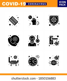 9 Solid Glyph Black viral Virus corona icon pack such as  headache; survice; infect; medical assistance; virus viral coronavirus 2019-nov disease Vector Design Elements