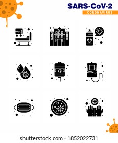 9 Solid Glyph Black Virus Corona Icon Pack wie Behandlung; Tropfen, Virus, Thrombozyten; Vektor Design Elements
