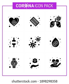 9 Solid Glyph Black Virus Corona Icon Pack wie Bakterien; verletzt; Bronchitis; Fraktion; Knochenvirales Coronavirus 2019-nov Krankheit Vektor Design Elements