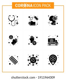 9 Paquete de iconos de corona de Virus viral negro de glifo sólido como covid; lavado; tos; médico; coronavirus viral enfermo 2019-nov Enfermedad Vector Elementos de diseño