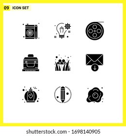 9 Solid Glyph concept for Websites Mobile and Apps egg; chest; setting; box; video Editable Vector Design Elements