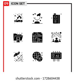 9 Solid Glyph concept for Websites Mobile and Apps video; folder; and; file; fruit juice Editable Vector Design Elements