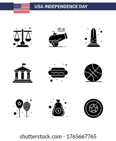 9 Solid Glyph Signs for USA Independence Day hot dog; american; landmark; flag; washington Editable USA Day Vector Design Elements