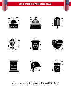 9 señales de glifo sólido para la cola del Día de la Independencia de Estados Unidos; vuelo; punto de referencia; verano; elementos de diseño de vectores para el Día USA editable con helados