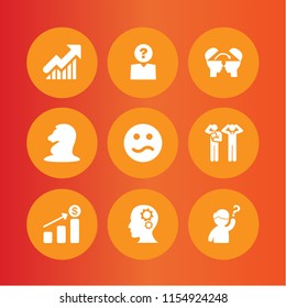 9 solution icons in vector set. unknown, progress report, strategy and question illustration for web and graphic design