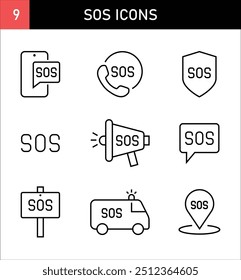 9 SOS Icons Set Emergency and Saving People sign Looking for Help