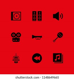 9 sound icon set with compact disc, rewind and rattle vector illustration for graphic design and web