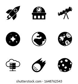 9 space filled icons set isolated on white background. Icons set with rocket, observatory, telescope, stars, globe, e-Book, asteroid, moon icons.