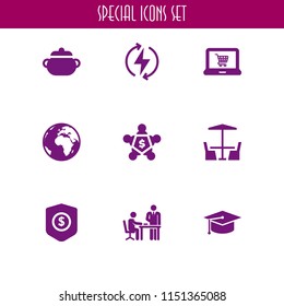9 space icons in vector set. furniture, globe, power and laptop illustration for web and graphic design