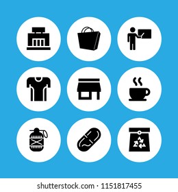 9 space icons in vector set. shopping bag, coffee, ecology and environment and tshirt illustration for web and graphic design