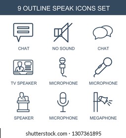 9 speak icons. Trendy speak icons white background. Included outline icons such as chat, no sound, TV speaker, microphone, speaker, megaphone. speak icon for web and mobile.