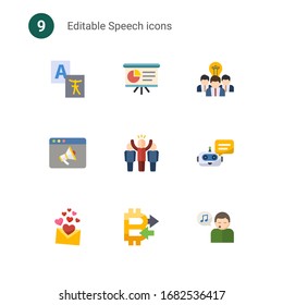 9 flache Sprachsymbole einzeln auf . Symbole mit Übersetzungsdienst, Präsentation, Collaborative Idee, Promo Website, Leiter, Chat Bot, Liebesnachricht, Peer to Peer Icons.