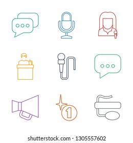 9 speech icons. Trendy speech icons white background. Included line icons such as pin microphone, explosion, megaphone, chat, microphone, speaker. speech icon for web and mobile.