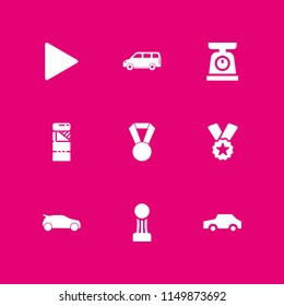 9 sport icons in vector set. ribbon badge award, car, medal and weight illustration for web and graphic design