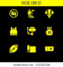 9 sport icons in vector set. kettlebells, scuba diving, yoga mat and sport wear illustration for web and graphic design
