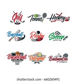 9 sports logos emblem, typography vector