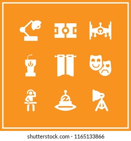 9 spotlight vector icon set with curtains, stage, disc jokey and ufo icons for mobile and web
