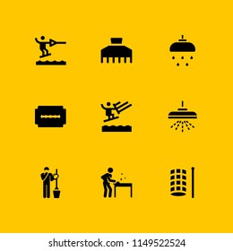 9 spray icon set with cleaner, water ski and shower vector illustration for graphic design and web