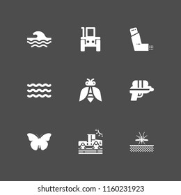 9 spray icons in vector set. tractor, water gun, asthma and wave illustration for web and graphic design