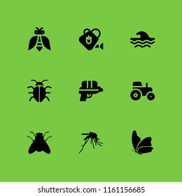 9 spray icons in vector set. water gun, wave, tractor and insect illustration for web and graphic design