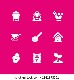 9 spring icon set with pot, skimmer and sprout vector illustration for graphic design and web