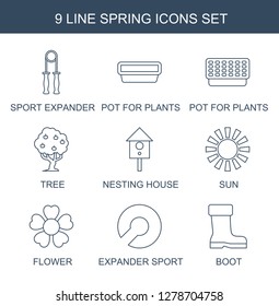 9 spring icons. Trendy spring icons white background. Included line icons such as sport expander, pot for plants, tree, nesting house, sun, flower. spring icon for web and mobile.