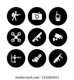 9 spy icons in vector set. walkie talkie, drone, gun and camera illustration for web and graphic design
