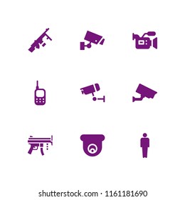 9 spy icons in vector set. gun, cctv, walkie talkie and men silhouette illustration for web and graphic design