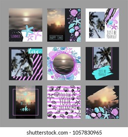 9 square layout templates for social media, mobile apps or flyer design with hand drawn seashells. Summer social media pack.