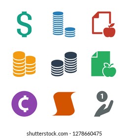9 stack icons. Trendy stack icons white background. Included filled icons such as coin on hand, paper, coin, paper and apple, Coin. stack icon for web and mobile.