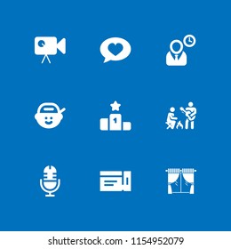 9 stage icons in vector set. video camera, director, podium and guitar illustration for web and graphic design