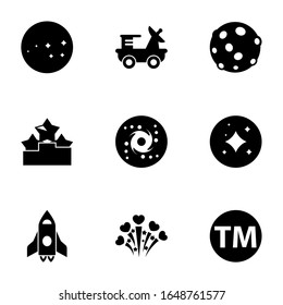 9 star filled icons set isolated on white background. Icons set with constellation, moon rover, moon, Ranking, galaxy, stars, spaceship, fireworks, Trademark icons.