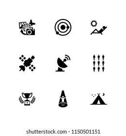 9 star icons in vector set. earth pictures, space, first prize trophy and tent night illustration for web and graphic design
