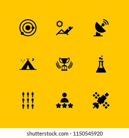 9 star icons in vector set. first prize trophy, space, tent night and rate illustration for web and graphic design