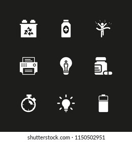 9 start icons in vector set. battery, pharmacy, race and stopwatch illustration for web and graphic design