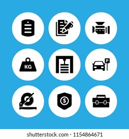 9 steel icons in vector set. weight tool, saw, motor and gym illustration for web and graphic design