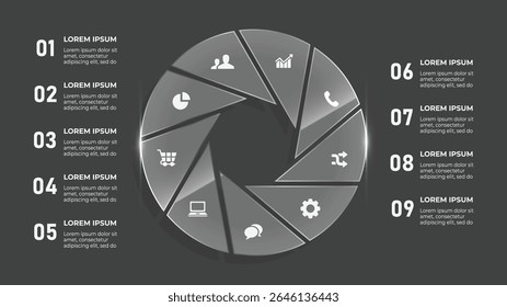 9 Step 3D Glass Look Business Timeline Infographic – Circular Design with Shopping, Discount, and Data Elements