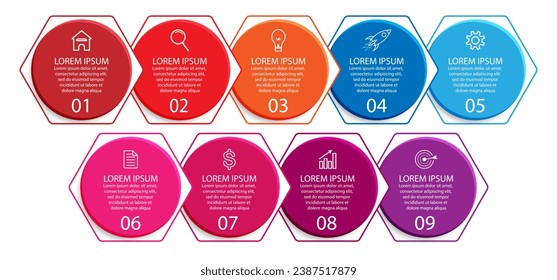 9 step 3d vector infographic, simple design with various interconnected colors, there are icons, text and symbols, good for your business presentation, concise and easy