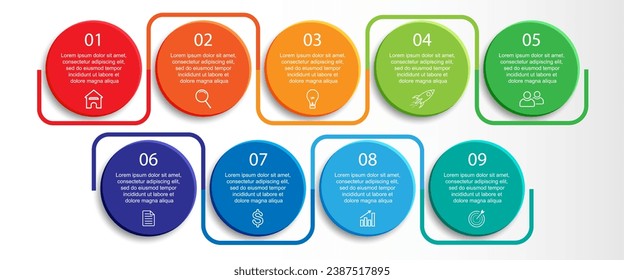 9 step 3d vector infographic, simple design with various interconnected colors, there are icons, text and symbols, good for your business presentation, concise and easy