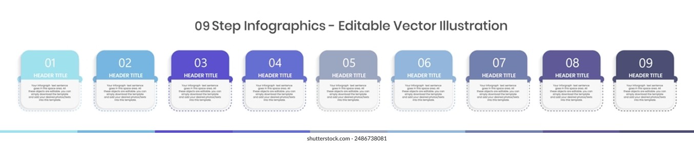 9 Step blue color shade  infographic Design Template, Pie chart, workflow layout, squire diagram, brochure, report, presentation, Minimalist timeline illustration isolated on white background