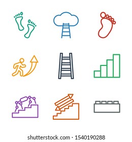 9 step icons. Trendy step icons white background. Included outline icons such as building block, stairs, stair, ladder, man going up, foot print. step icon for web and mobile.