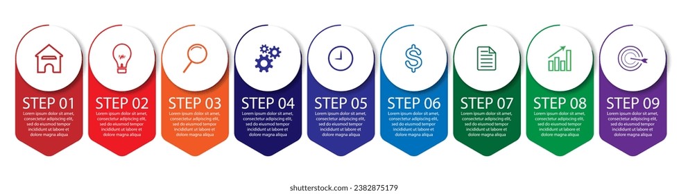9 step infographic, simple infographic design consisting of nine interrelated parts, circle design combined with squares, lines, icons and colors, good for your business presentation