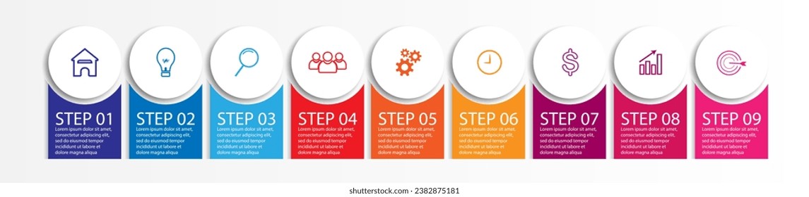 infografía de 9 pasos, diseño infográfico simple compuesto por nueve partes interrelacionadas, diseño de círculo combinado con cuadrados, líneas, iconos y colores, bueno para su presentación de negocios